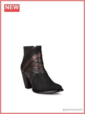 Stingray Leather Western Ankle Bootie Pointed Toe Block Heel Zip